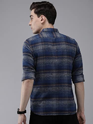 Image of THE BEAR HOUSE Men's Cotton Grey & Blue Checks Slim Fit Shirt | L |TBH-BRIT-GY-L |