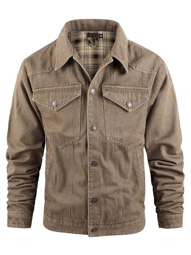 Image of Men's Denim Jacket Lined Flannel Plaid Vintage Cowboy Cut Western Classic Trucker Motorcycle Snap Fall Long Sleeves