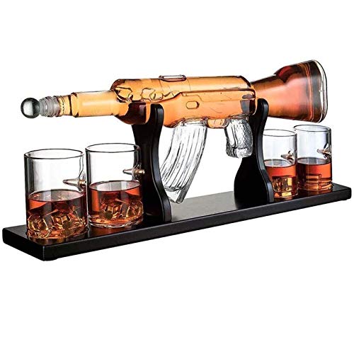 Juego de decantador de whisky con tazas de bala, 1000 ml, ideal para vodka, ron, tequila, incluye base de madera y embalaje seguro