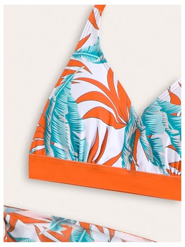 OYOANGLE Girl's 3 Piece Swimsuit Tropical Print Halter Bikini Set with Sarong Cover Up3