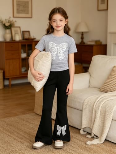 Image of Girls Clothes 2 Piece Short Sleeve Lace Bow Print Tops Flared Pants Set Little Girl Outfits Size 7-14