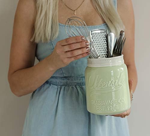 Comfify Wide Mouth Mason Jar Utensil Holder Decorative Kitchenware Organizer Crock, Chip Resistant Ceramic - Perfect Cookware Gift - Green, Large Size