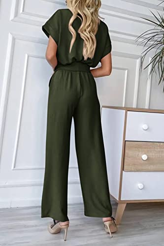 PRETTYGARDEN Women's Summer One Piece Jumpsuits Belted Short Sleeve Wrap V Neck Fashion Dressy Casual Wide Leg Pants Romper