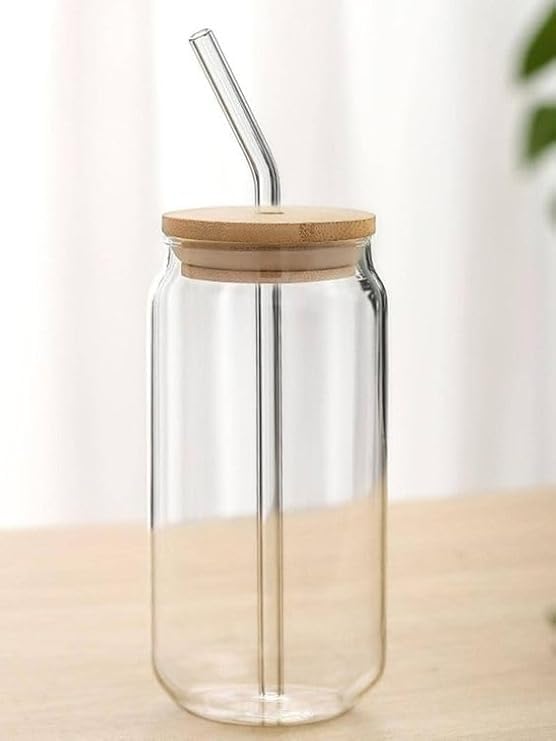 Image of Ice Coffee Sipper Juice Drinks Glass Can Mug with Wooden Lid, Straw for Milk /Coffee /Green Tea Cup Transparent Shape Cup (Pack of 1)