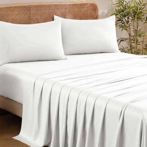 Image of MICORAL Queen Sheet Set, Rayon Derived from Bamboo Cooling Sheets for Queen Size Bed Set, Breathable & Soft, Deep Pocket Up to 16 inch, Hotel Luxury Silky Bedding for Hot Sleepers, White