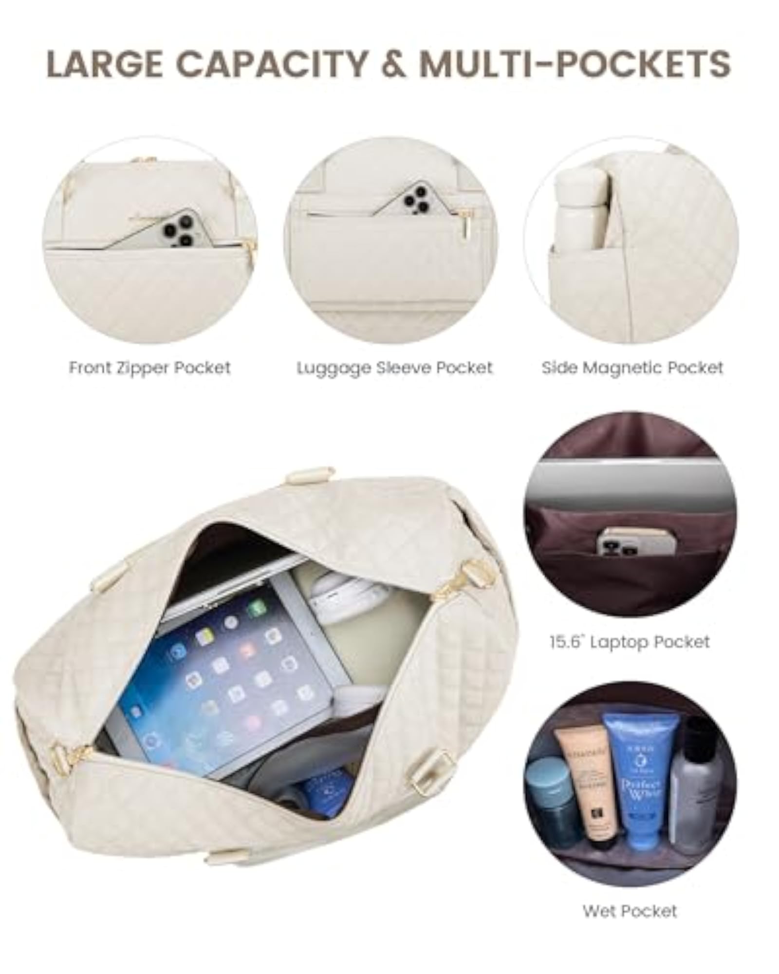 Women's Beige Travel Duffle Bag, Elegant & Spacious