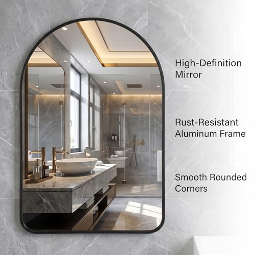 Image of HARRITPURE 26 inchx38 inch Arched Bathroom Mirror, Wall Mounted Mirror, Black Arch Mirror, Aluminum Alloy Frame Wall Mirror for Living Room, Bedroom, Entryway