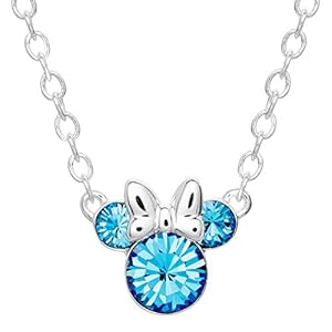 Disney Minnie Mouse Birthstone Jewelry, December Birth Month Pendant Necklace, Silver Plated, Light Sapphire Blue Crystal