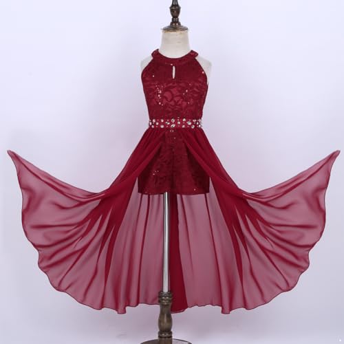 ranrann Kids Girls Sleeveless Floral Lace Shiny Rhinestone Maxi Dress Birthday Party Formal Dance Romper Gown Burgundy 13-14