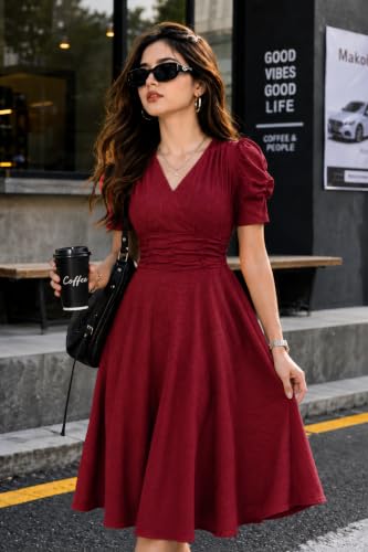 Image of Preneum Girl's & Women's Solid Color V-Neck A-Line Maxi Dress for Women | New Year Party Outfit | Waist Cinched Puff Sleeve Western | Elegant Casual Wear (Availble in Plus Size)