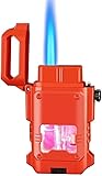 Butane Lighter, Windproof Jet Blue Flame, Transparent Colorful Light Gas Tank, Reusable, Adjustable Flame, Zinc Alloy Body, Men's Gift(Red)