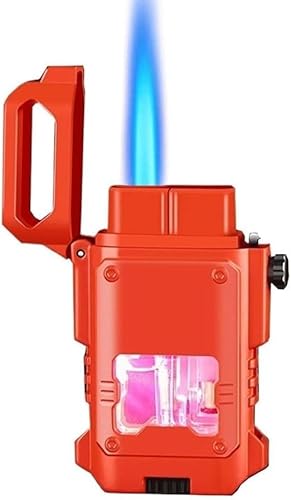 Butane Lighter, Windproof Jet Blue Flame, Transparent Colorful Light Gas Tank, Reusable, Adjustable Flame, Zinc Alloy Body, Men's Gift(Red)