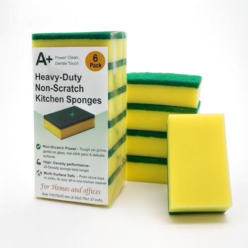 A Plus Kitchen Cleaning Sponge, Heavy Duty Non-Scratch Sponge for Non-Stick & Delicate Surfaces (When Used Gently), High Density, Dual-Side Multi-Surface Cleaning, 6 Pack (Yellow/Green)