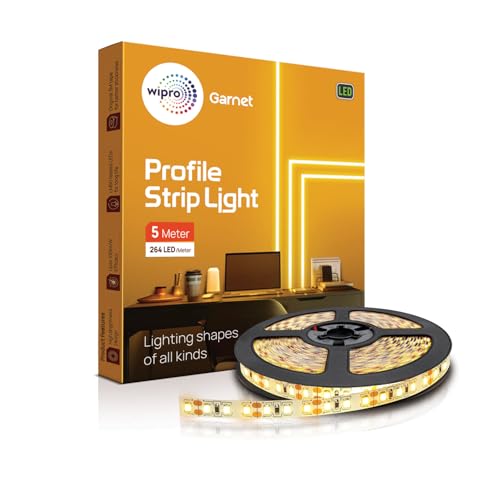 Image of wipro Garnet 80W LED 5m Profile Strip Light | 12mm Thickness | Warm White(2700K) | 264 LEDs /m, 3M Tape for Easy Installation | False Ceiling, Wall & Cabinet Decor | Driver Required Separately | Pk 1