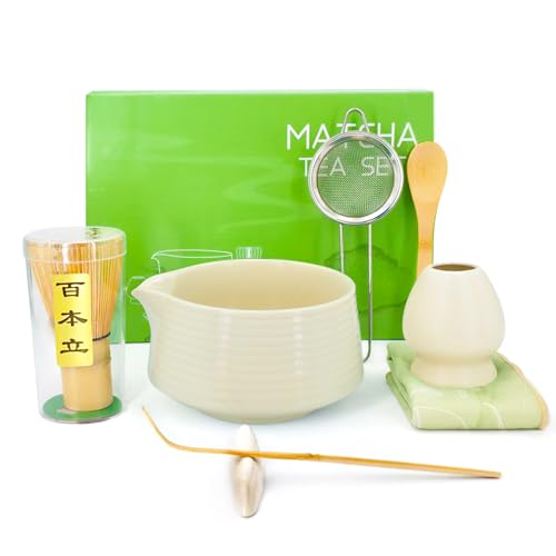 Lumanothy Set Matcha 8 Piezas, Kit Matcha Completo con Cuenco Matcha, Batidor Bambú, Soporte, Set Té Japonés, Regalo para Principiantes, Amarillo claro