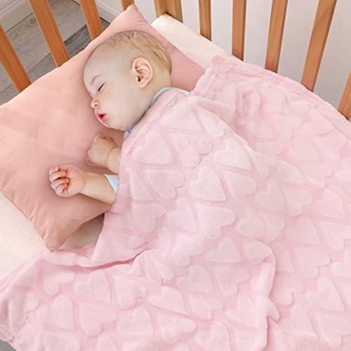 Bertte Plush Baby Blanket for Boys Girls | Swaddle Receiving Blankets Super Soft Warm Lightweight Breathable for Infant Toddler Crib Stroller - 40"x50" Large, Pink Hearts Embossed