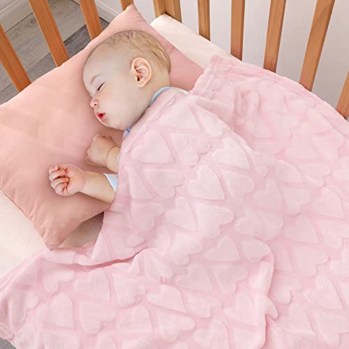 Bertte Plush Baby Blanket For Boys Girls | Swaddle Receiving Blankets Super Soft Warm Lightweight Breathable For Infant Toddler Crib Stroller - 40"X50" Large, Pink Hearts Embossed #TOP5