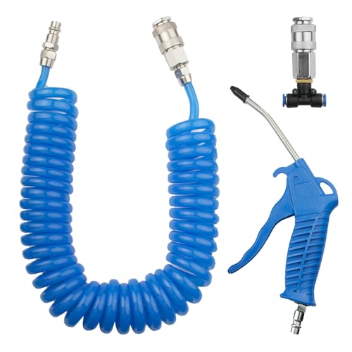 Pistola De Aire Comprimido, Equipado Con Manguera De Resorte De PU Neumática De 5 Metros De Largo, Pieza En T, Adecuado Para Pistola De Polvo De Aire De Alto Rendimiento Para Compresor De Aire