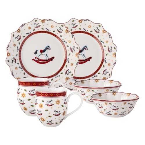 Villeroy & Boch - Toy's Delight set de desayuno para 2 personas caballito balancín 6 piezas colorido, vajilla de Navidad, Vajilla con platos, tazas y cuencos de desayuno, porcelana premium