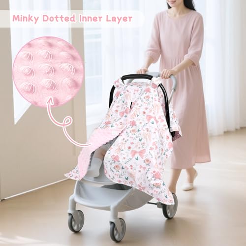 Image of Baby Car Seat Cover, Soft Minky Warm Winter Car Seat Canopy for Infants & Toddlers, Opening with Adjustable Strap, Breathable Nursing Cover & Stroller Blanket, Pink Flowers (Fits Most Car Seats)