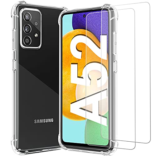Funda para Samsung A52 5G con 2 protectores de pantalla de vidrio templado, Galaxy A52/A52 5G transparente funda para teléfono, cubierta a prueba de golpes, absorción de golpes, 6.5 pulgadas Cover