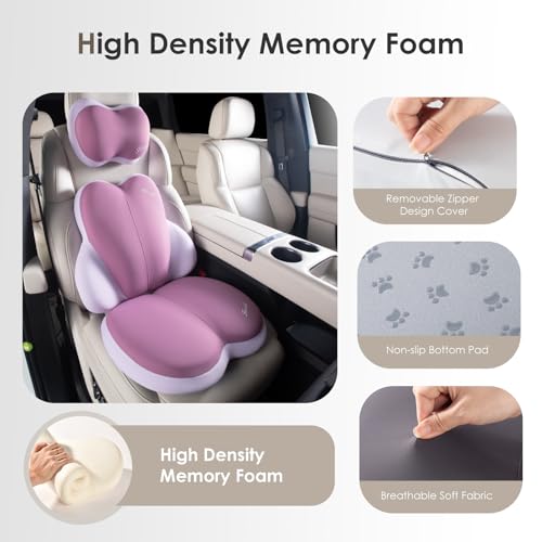 Image of FLORICH 3 PCS Seat Cushion for Carseat Lumbar Support Pillow Car Neck Headrest Pillows Ultrathick Memory Foam Seat Pads Pressure Relief Back Cushion for Office Chair(Purple)