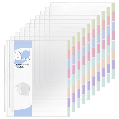 Prudiut 10 Set of 80-Pcs Clear Sheet Protectors for 3 Ring Binder 8.5 x 11 Inch Plastic Binder Sleeves with 8 Tab Dividers and Colored Index Labels - Waterproof Page Protectors for Office School