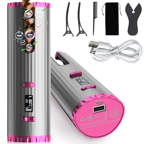 Automatic Hair Curler, Portable Wireless Curling Iron with USB Cable, Rechargeable, 6 Temperature & Timer, Cordless Professional Ceramic Curling Wand, for Long & Short Hair Styling, Home Travel Use