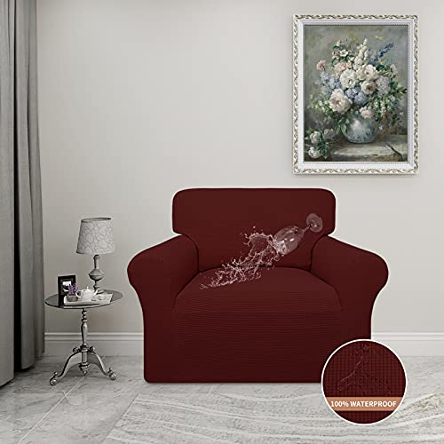 Image of Easy-Going 100% Waterproof Chair Couch Cover, Stretch Jacquard Sofa Cover | Dual Waterproof Sofa Slipcover, Leakproof Furniture Protector for Kids, Pets, Dog and Cat (Loveseat, Wine)