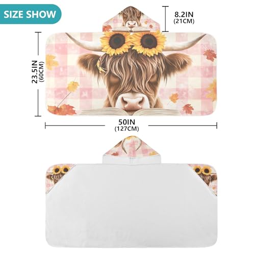 Image of A Highland Cow with Sunflowers Hooded Beach Towel for Kids, Kids Bath Hooded Towels for Boys Girls, Super Soft Absorbent Bathrobe with Hood for Swin Pool 50 inchx23.5 inch