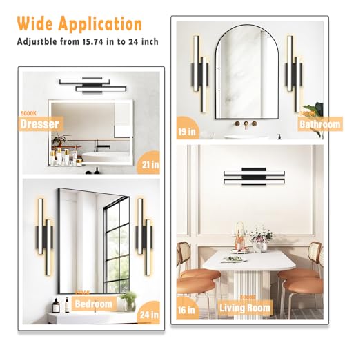 Image of Bathroom Light Fixture Over Mirror 5CCT LED Retractable Vanity Light Bar | 24 Inch Modern Dimmable Black Bathroom Lamp IP44 25W 2200LM - Wall Light Fixture ETL Certified (1 Pack)