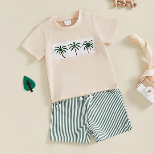 Toddler Baby Boy Summer Clothes Tree/Duck/Shark Short Sleeve Embroidery T-shirt Striped Shorts Set 2 Piece Outfit2