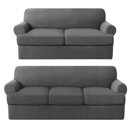 PrinceDeco T Cushion Sofa Slipcovers Bundle 3/4 Pieces Sofa Covers, Furniture Protector, Plaid Pattern, Removable and Washable, Grey - image 1