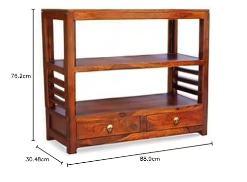 Image of Wooden Bookshelf Console Table for Living Room | Entryway Hallway Sofa & Fish Tank Table with 2 Drawers & Shelf Storage | Solid Sheesham Wood | Honey Brown