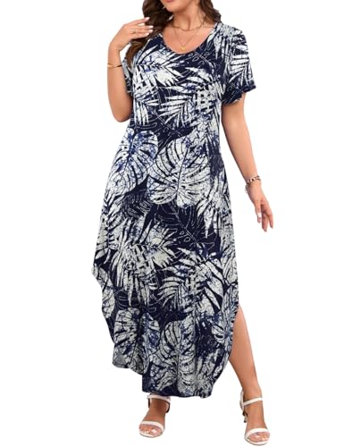 Image of JollieLovin Womens Plus Size Casual Summer Maxi Long Dress Short Sleeve T-Shirt Loose Sun Dress(L-5X)