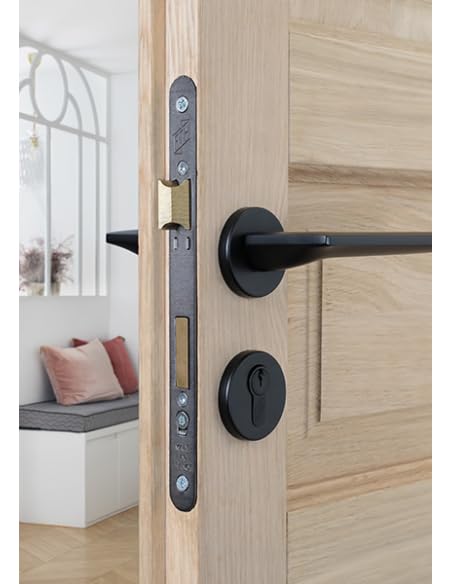 FTH - Serrure Encastrable Haut de Gamme SE 50 - Système de Retournement - Fermeture à Deux Tours - Têtière Nickelée Noir Mat - Coffre Acier - Axe 50 mm - Pour Porte d'Entrée - Noir