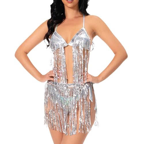 Maillot de Bain Femme 2 Pieces Bandeau,Costume de Danse Sexy à Franges et Bretelles,Costume de Performance d'équipe,Ensemble de Soutien-Gorge Bikini à...
