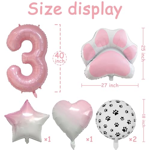 Image of 3rd Birthday Dog Paw Balloons Set,18'' Paw Prints, Heart,Star,Paw Shaped Foil Balloon 40 Inch Pink Number 3 Helium balloons for Puppy Themed Third Anniversary Birthday Party Decorations Supplies 6PCS