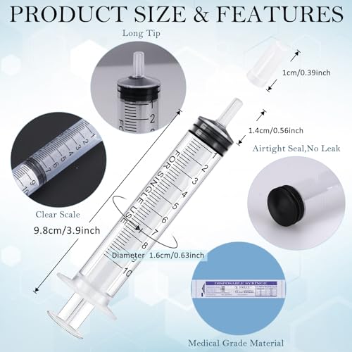 Image of 10ml Syringes Bulk 200 Pack Plastic Large Syringe with Tip Cap, Measuring Oral Syringe for Scientific Labs, Feeding Pets, Measurement,Refilling, No Needle, Individually Sterilized Sealed