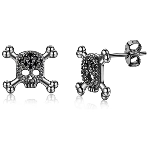 ORAZIO Halloween 925 Sterling Silver Skull Stud Earrings for Men Women Cubic Zirconia Crusted Skeleton Earrings Small Novelty Halloween Jewelry Gift for Girls Kids Teens Cover