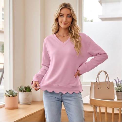 Womens V Neck Sweatshirt Cotton Scalloped Hem Long Sleeve Pullover Tops - image 2