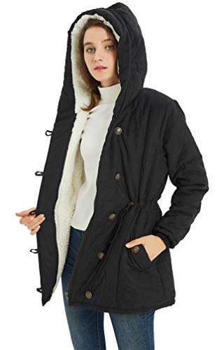 Nipogear Women's Winter Warm Coat Hoodie Parkas Overcoat Fleece Outwear Jacket with Drawstring (04Black, Medium)