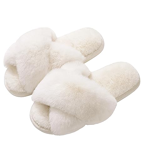 Evshine Women's Fuzzy Slippers, White (Size 7-8)