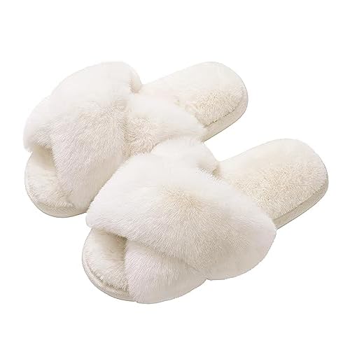 Evshine Women’s Fuzzy Slippers Cross Band Memory Foam House Slippers Open Toe