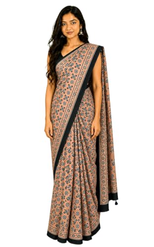 Image of Ethnics of Kutch Womenss Ajrakh Modal Silk Natural Dye Hand Block Print Saree with Blouse Piece - 5.5 Mtr Length