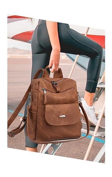 BOHJPIS Rucksack Damen Wasserdicht Leichtgewicht PU Mode Reisen Mehrzweck Umhängetasche Handtasche schulrucksack (Braun)