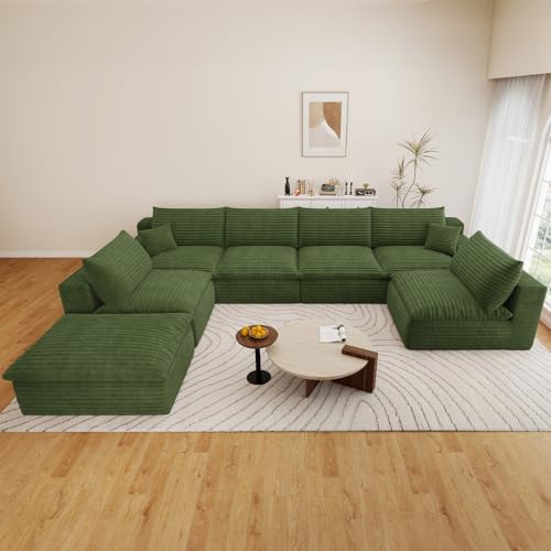 Image of 136 inch Cloud Couch Modular Sectional Sofa for Living Room, U-Shape Boneless Couch with Deep Seat, Modern Corduroy 6-Seater with Ottoman, No Assembly Required, Green