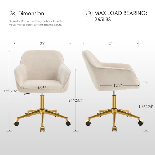 Image of Zesthouse Vanity Chair with Wheels for Girl Women, Swivel Office Desk Chair | Beige Chenille Rolling Office Chair with Arms & Gold Base, Upholstered Fabric Desk Chair for Bedroom, Height Adjustable Chair