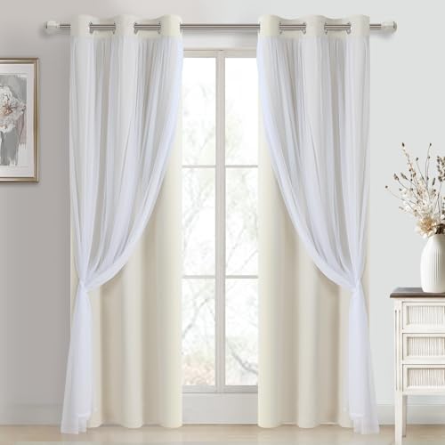 Image of DWCN Ivory Blackout Curtains with Sheer Overlay with Tiebacks 84 Inch Long