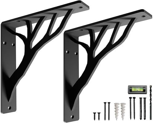 Rustic Tree Black Heavy Duty Shelf Brackets 10 inch by Balin Designs Decorative L Brackets for Shelves Metal Fireplace Mantel Large Shelf Bracket Shelving Bracket Included Hardware Set of 2
